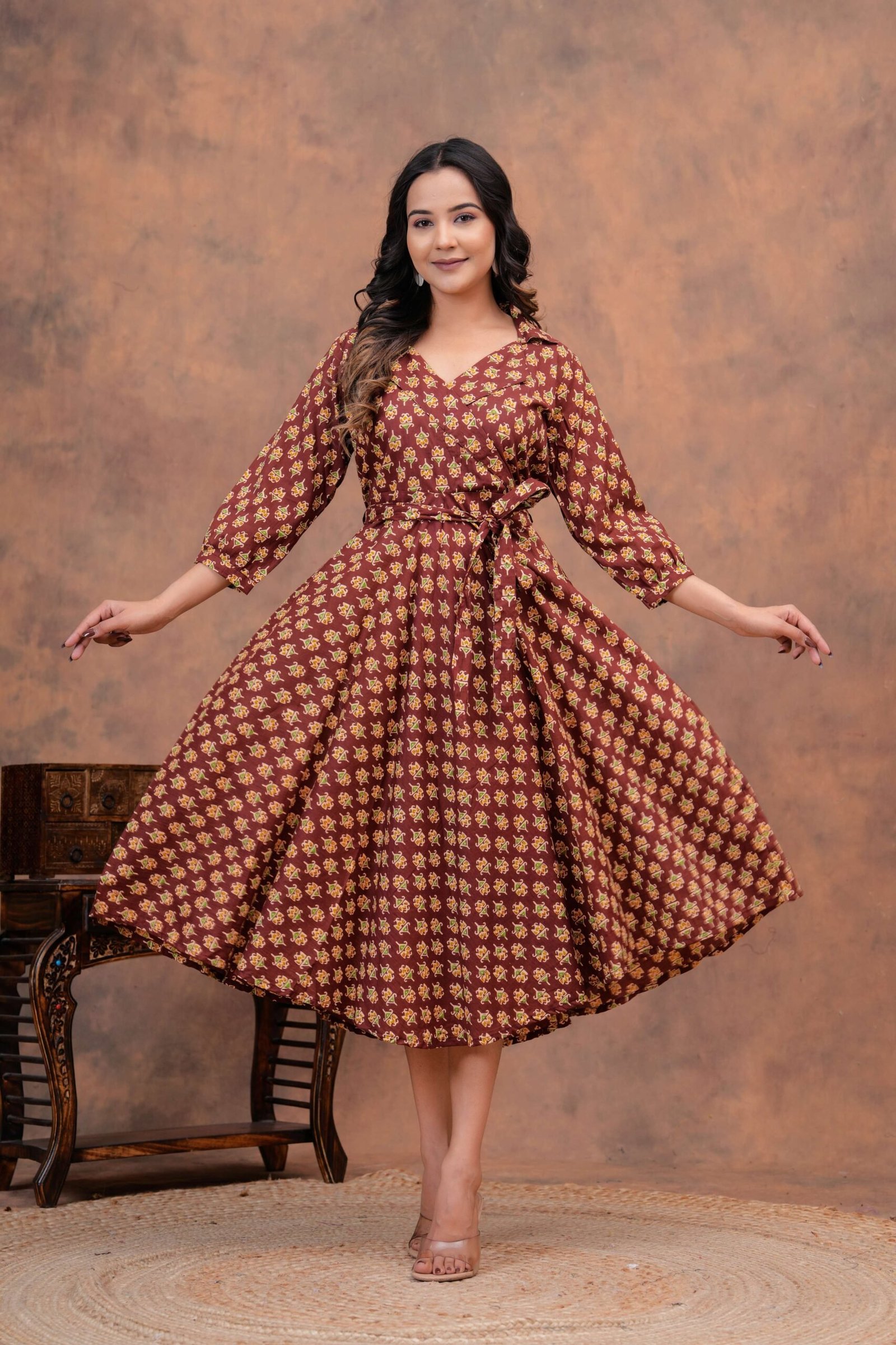 Maroon Floral Printed Cotton Midi Dress with Button-Down Front