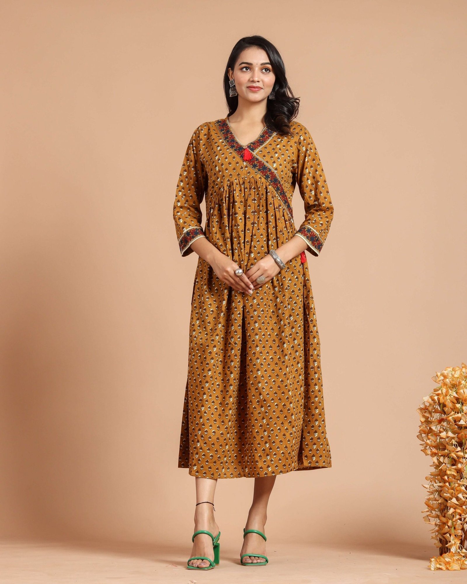 Mustard Yellow Printed Empire Waist Midi Dress with V-Neck & 3/4 Sleeves ? Ethnic Casual Wear