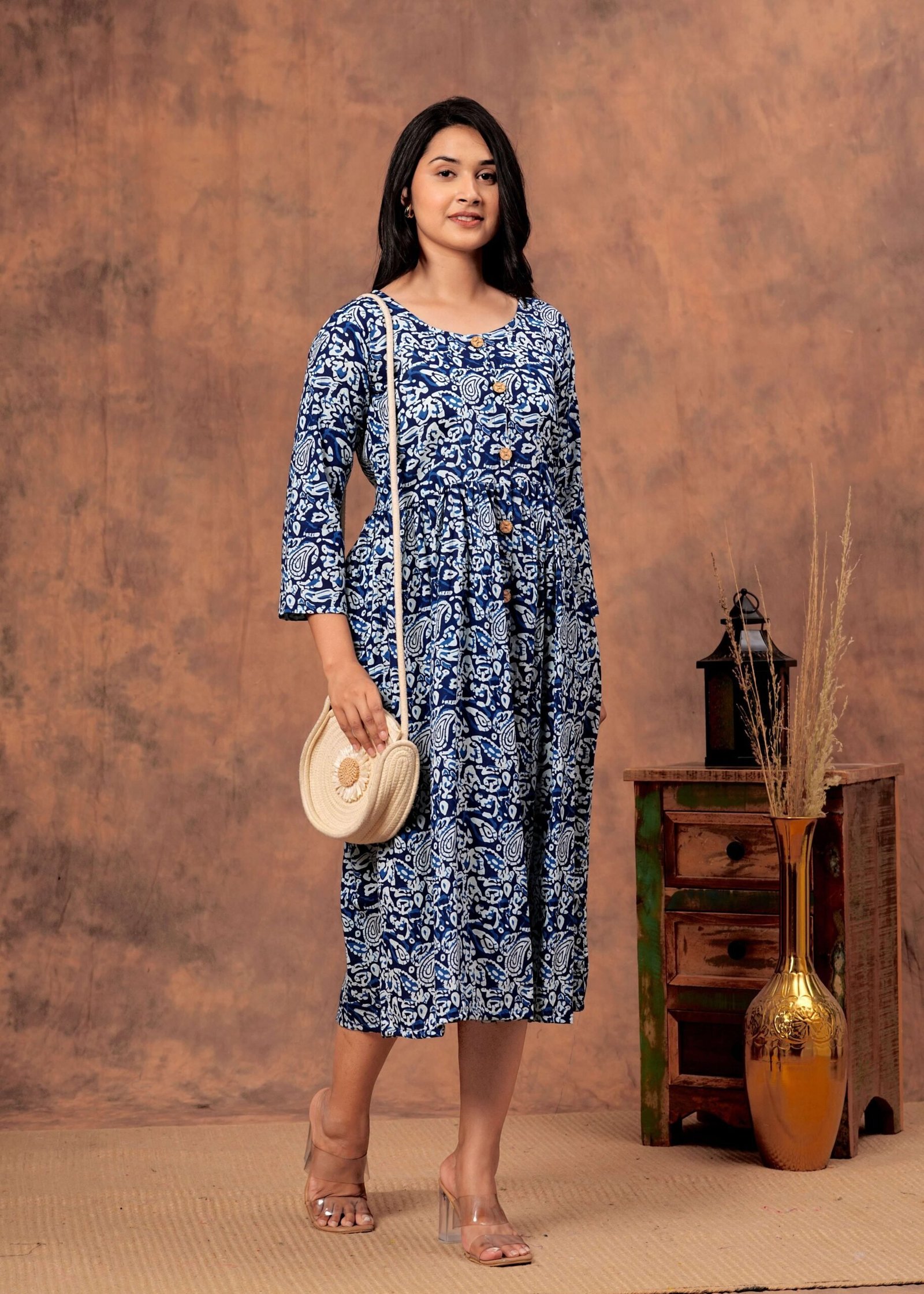 Navy Blue Floral Printed Cotton Midi Dress with Button-Down Front