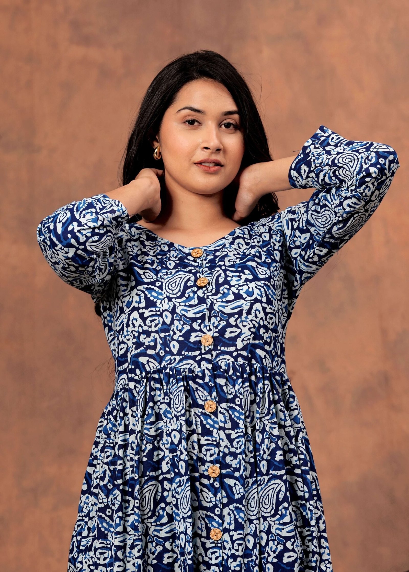Navy Blue Floral Printed Cotton Midi Dress with Button-Down Front