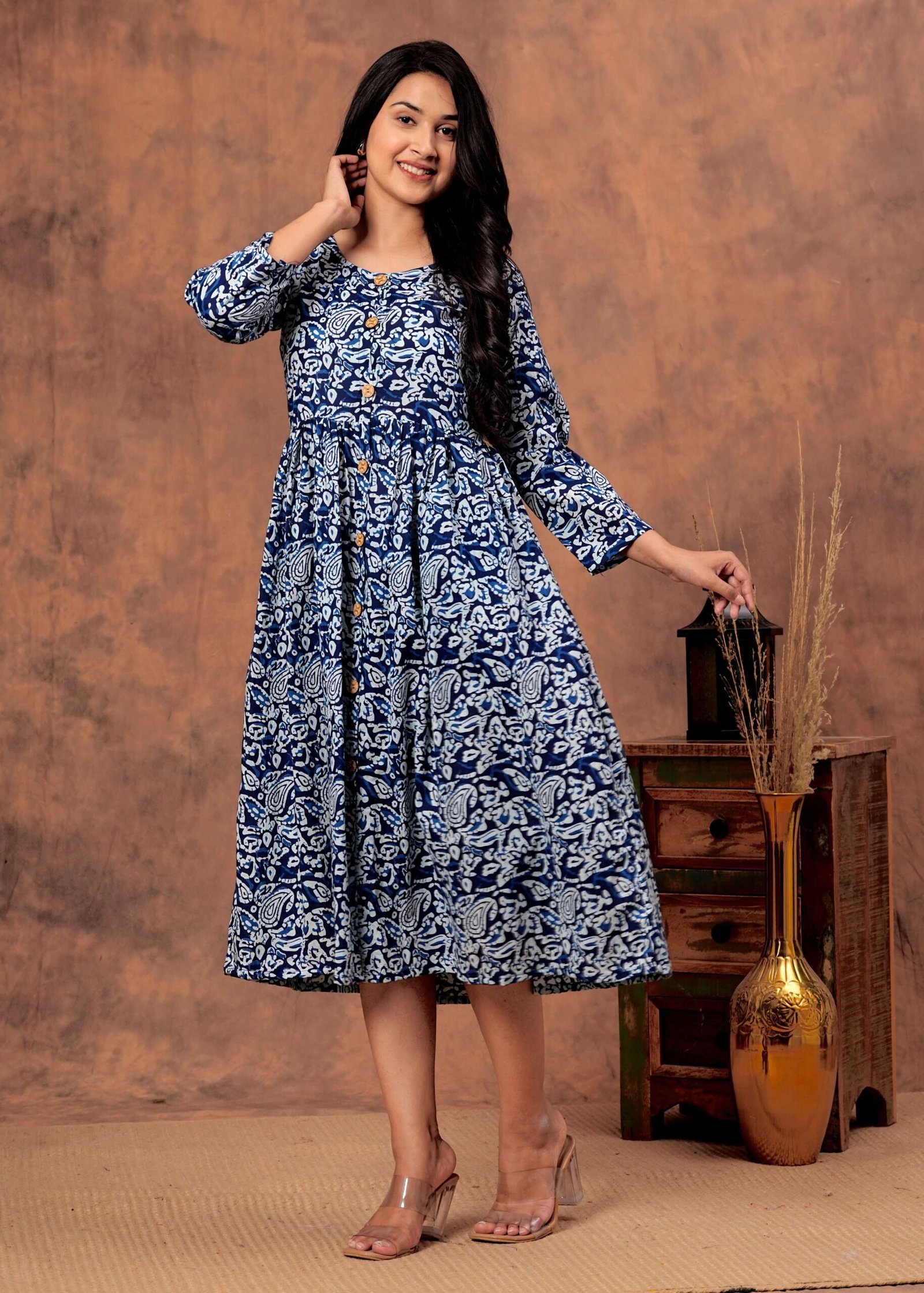 Navy Blue Floral Printed Cotton Midi Dress with Button-Down Front