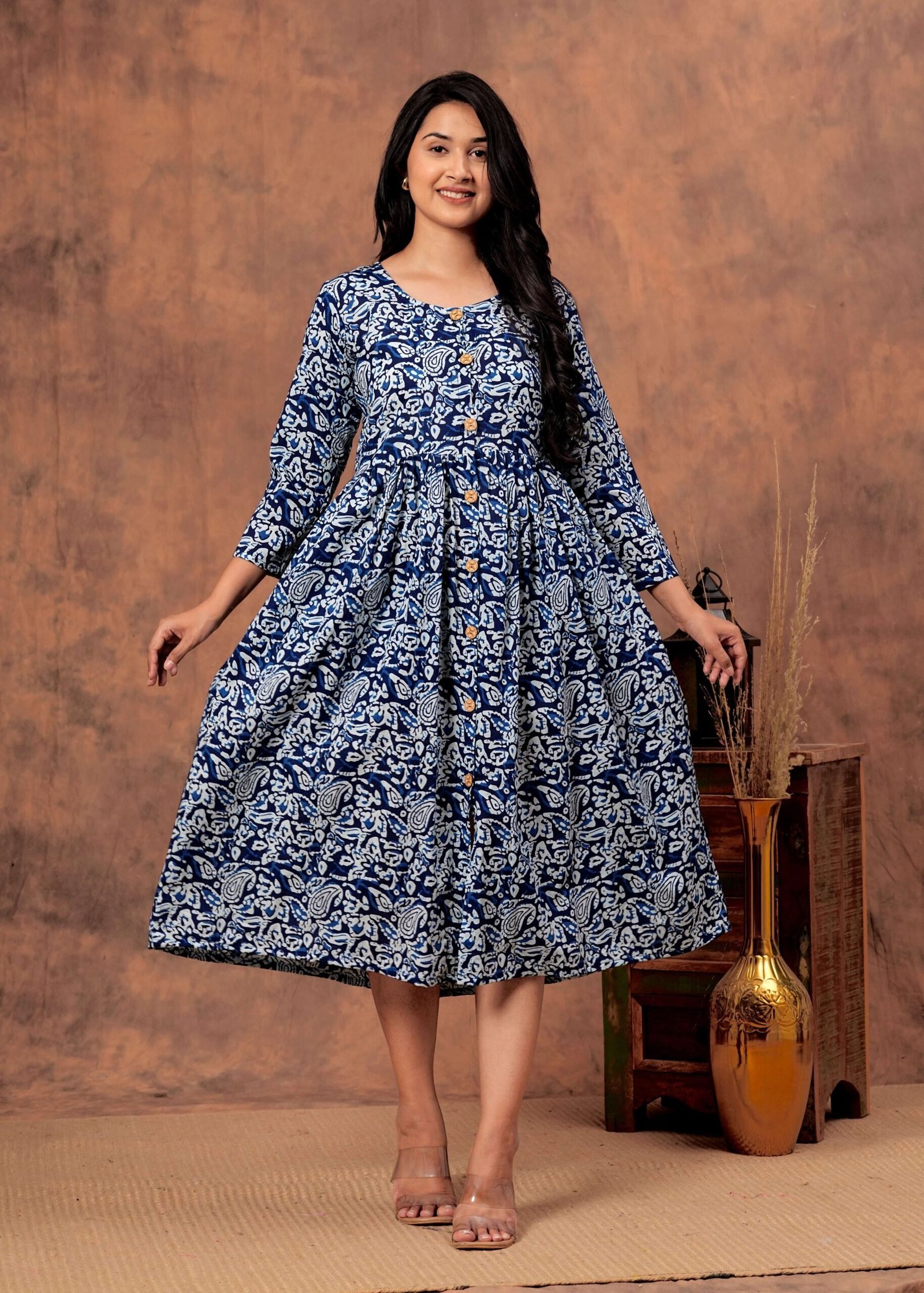 Navy Blue Floral Printed Cotton Midi Dress with Button-Down Front
