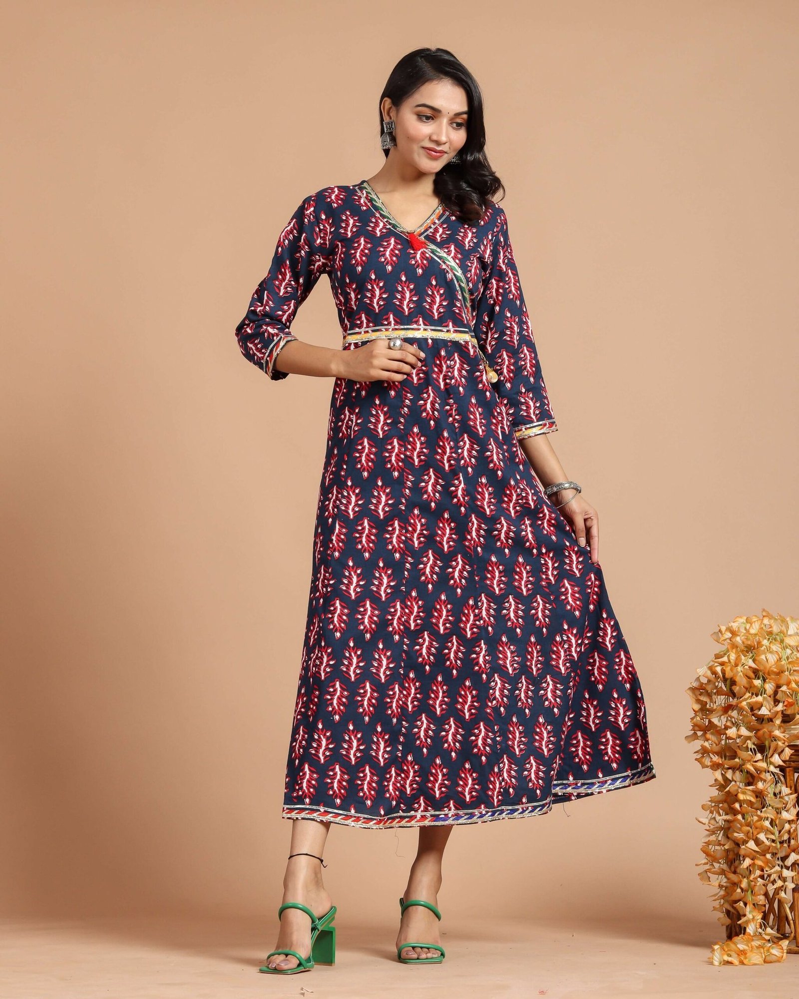 Navy Blue Printed Anarkali Maxi Dress with Wrap Style V-Neck & 3/4 Sleeves