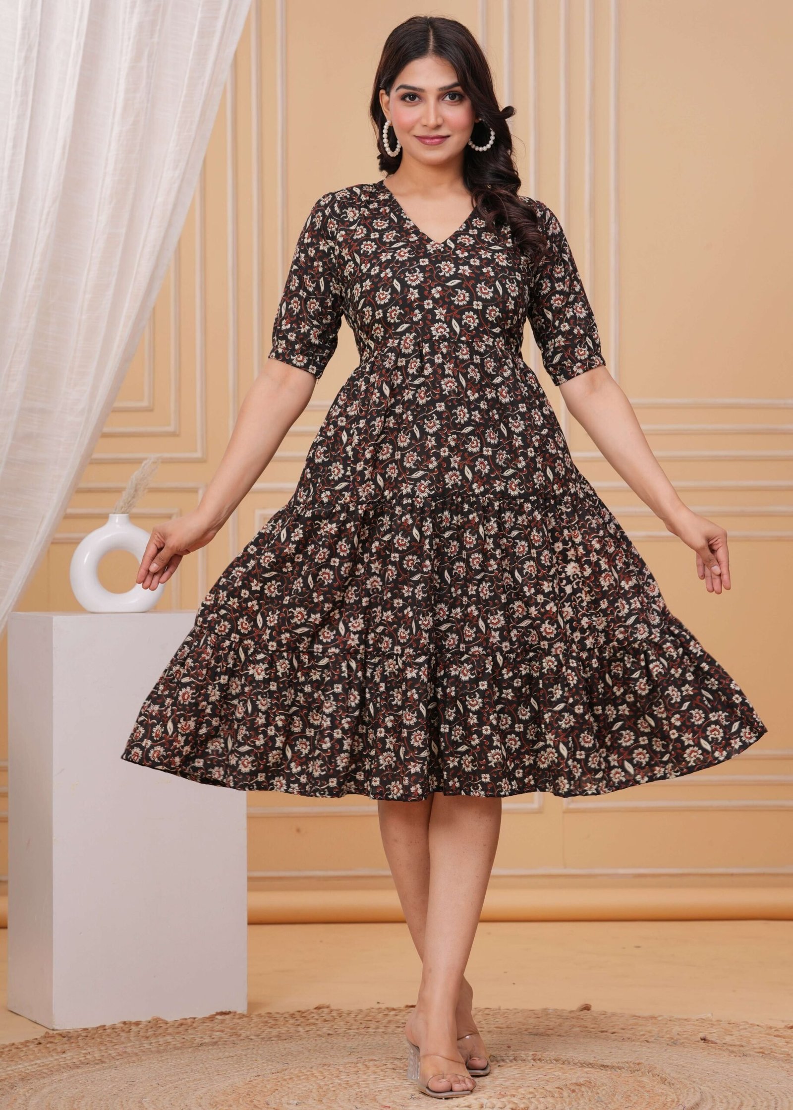 Pink Floral Printed A-Line Midi Dress with 3/4th Sleeves ? Elegant Casual & Party Wear