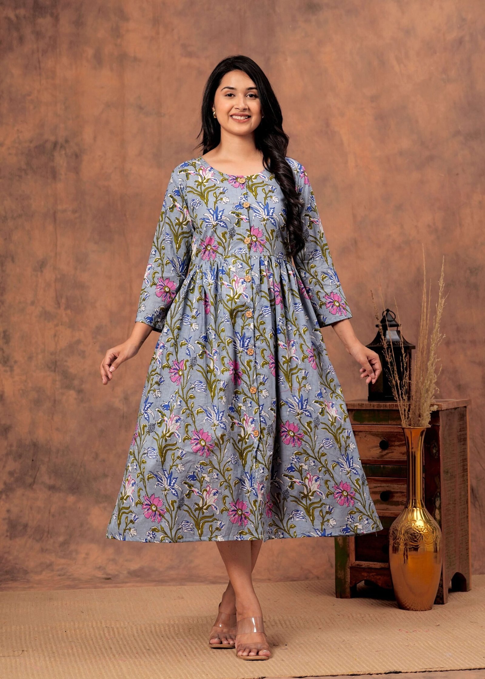 Purple Floral Printed Cotton A-Line Dress with Button-Down Front