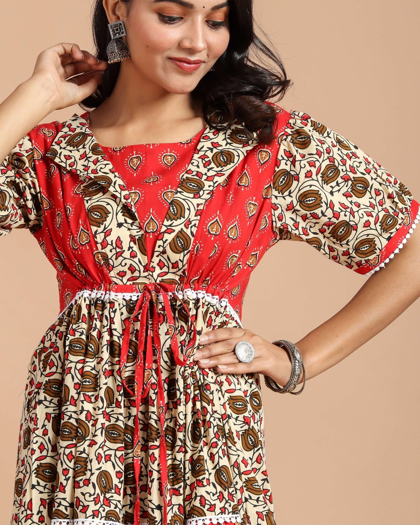 Red & Beige Printed Tiered Maxi Dress with Short Sleeves & Waist Tie ? Ethnic Boho Fusion Wear