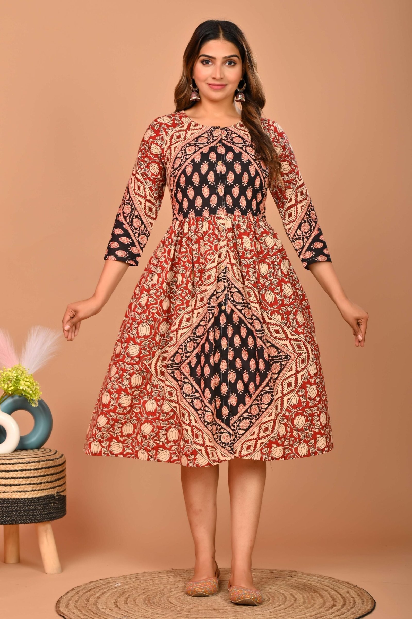 Red & Black Ethnic Block Printed A-Line Midi Dress with 3/4 Sleeves ? Festive & Casual Wear