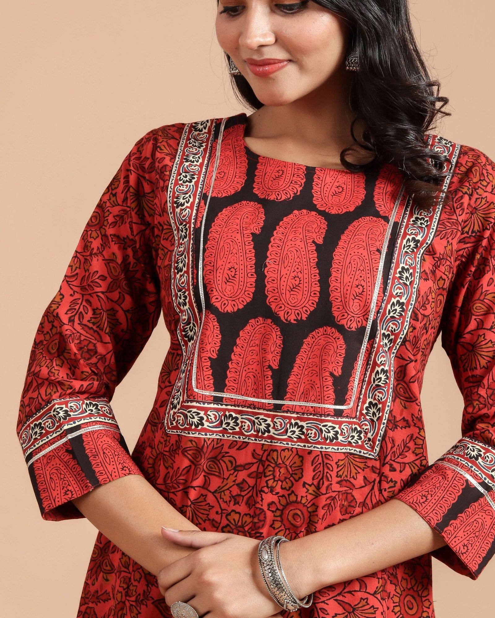 Red Ethnic Maxi Dress with Contrast Paisley Yoke & Border Detailing