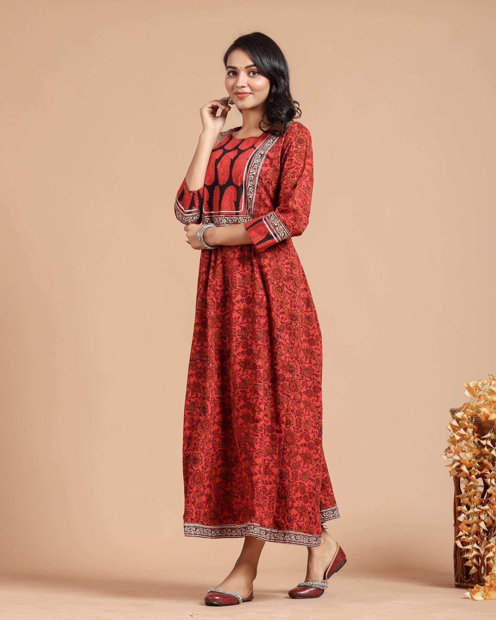 Red Ethnic Maxi Dress with Contrast Paisley Yoke & Border Detailing
