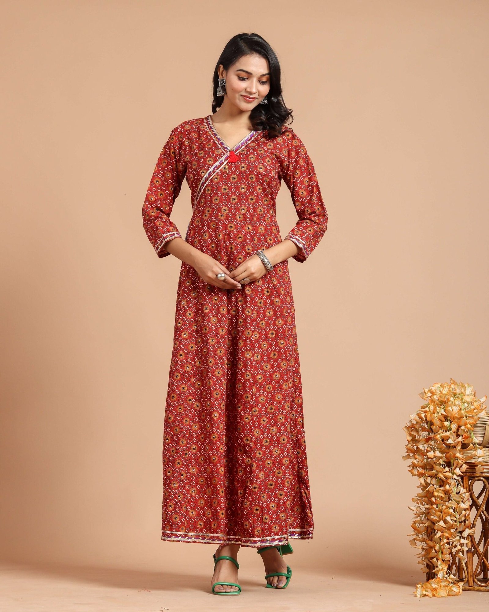 Red Printed Anarkali Maxi Dress with V-Neck & 3/4 Sleeves ? Festive Ethnic Long Dress