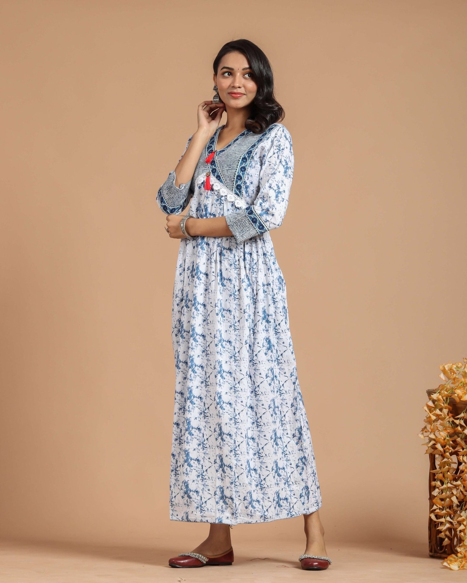White & Blue Tie-Dye Printed Maxi Dress with Embroidered Yoke & Tassels