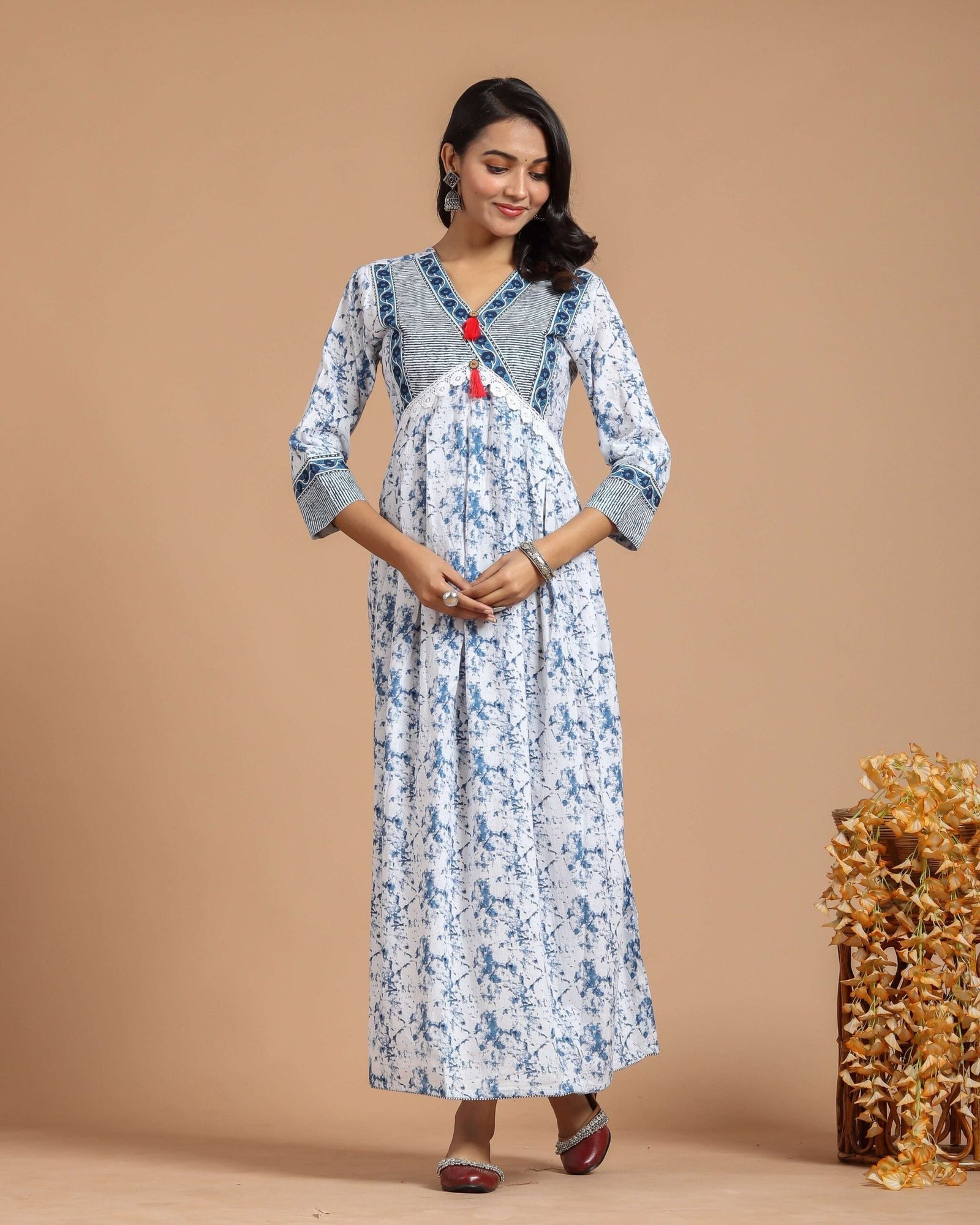 White & Blue Tie-Dye Printed Maxi Dress with Embroidered Yoke & Tassels