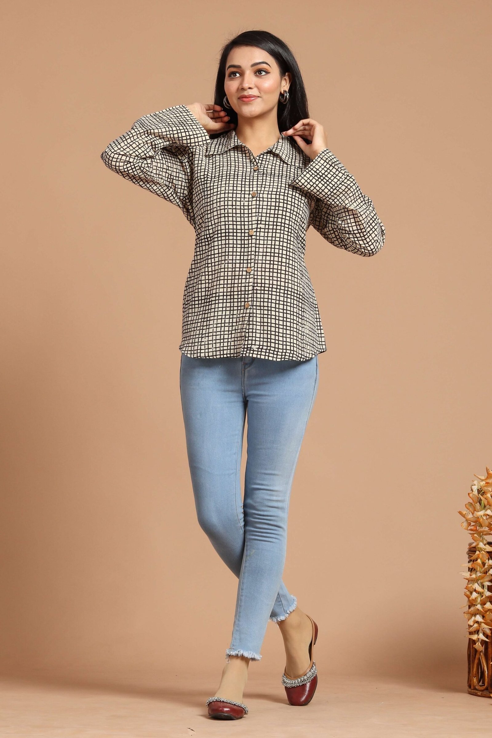 Beige & Black Checked Long Sleeve Cotton Shirt Top for Women ? Casual & Office Wear