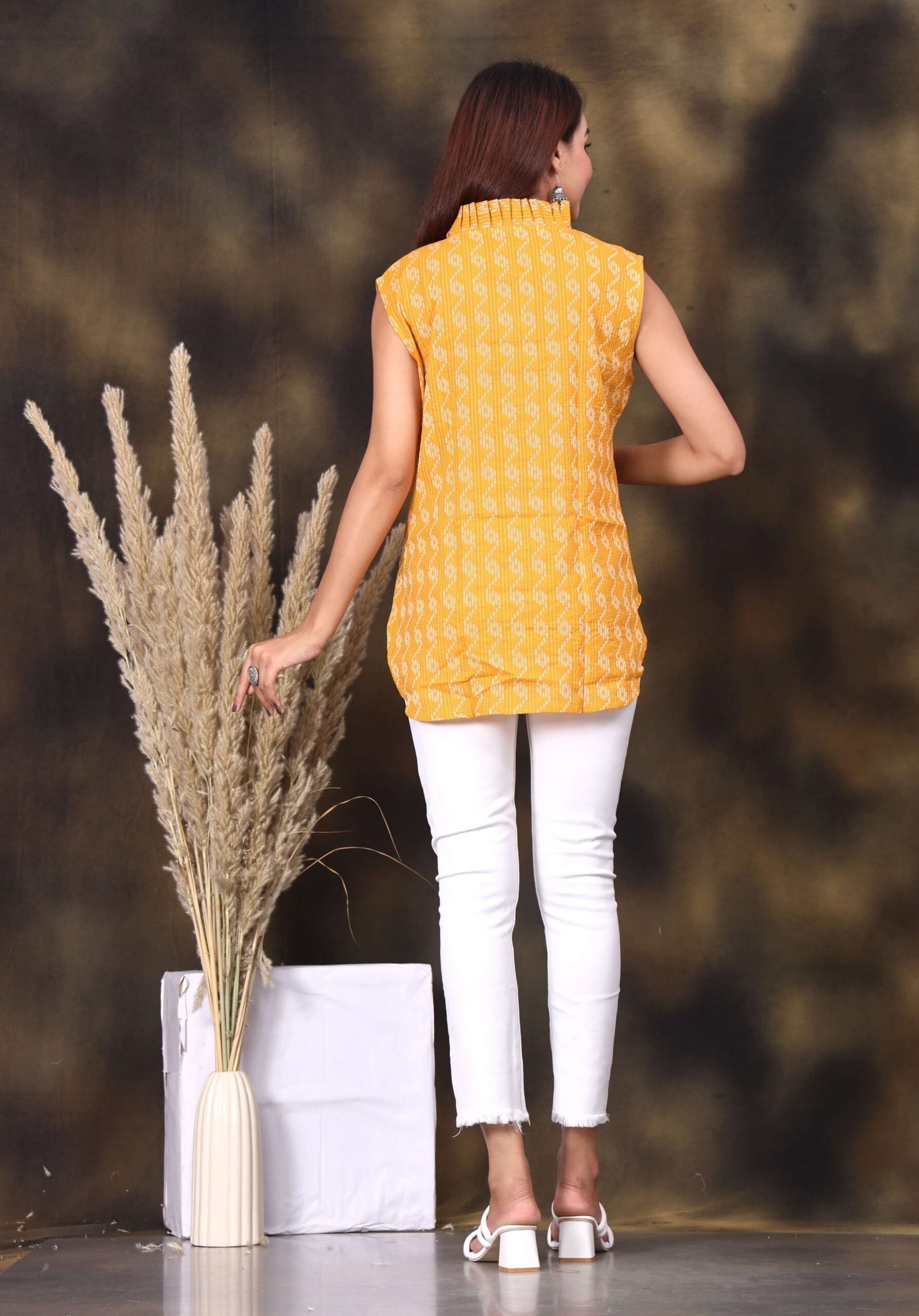 Mustard Yellow Ikat Printed Sleeveless Cotton Top for Women ? Trendy Summer Wear