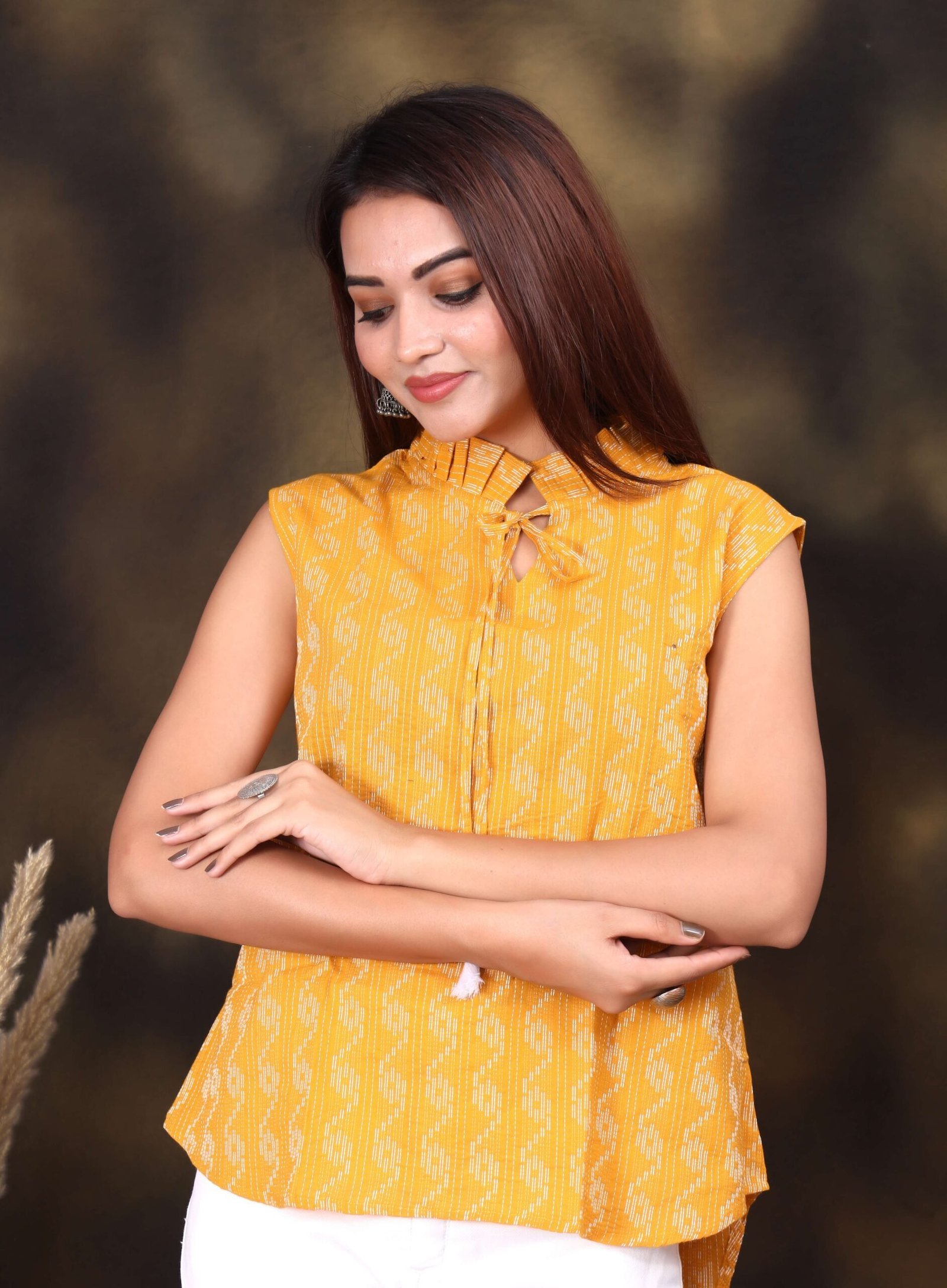 Mustard Yellow Ikat Printed Sleeveless Cotton Top for Women ? Trendy Summer Wear