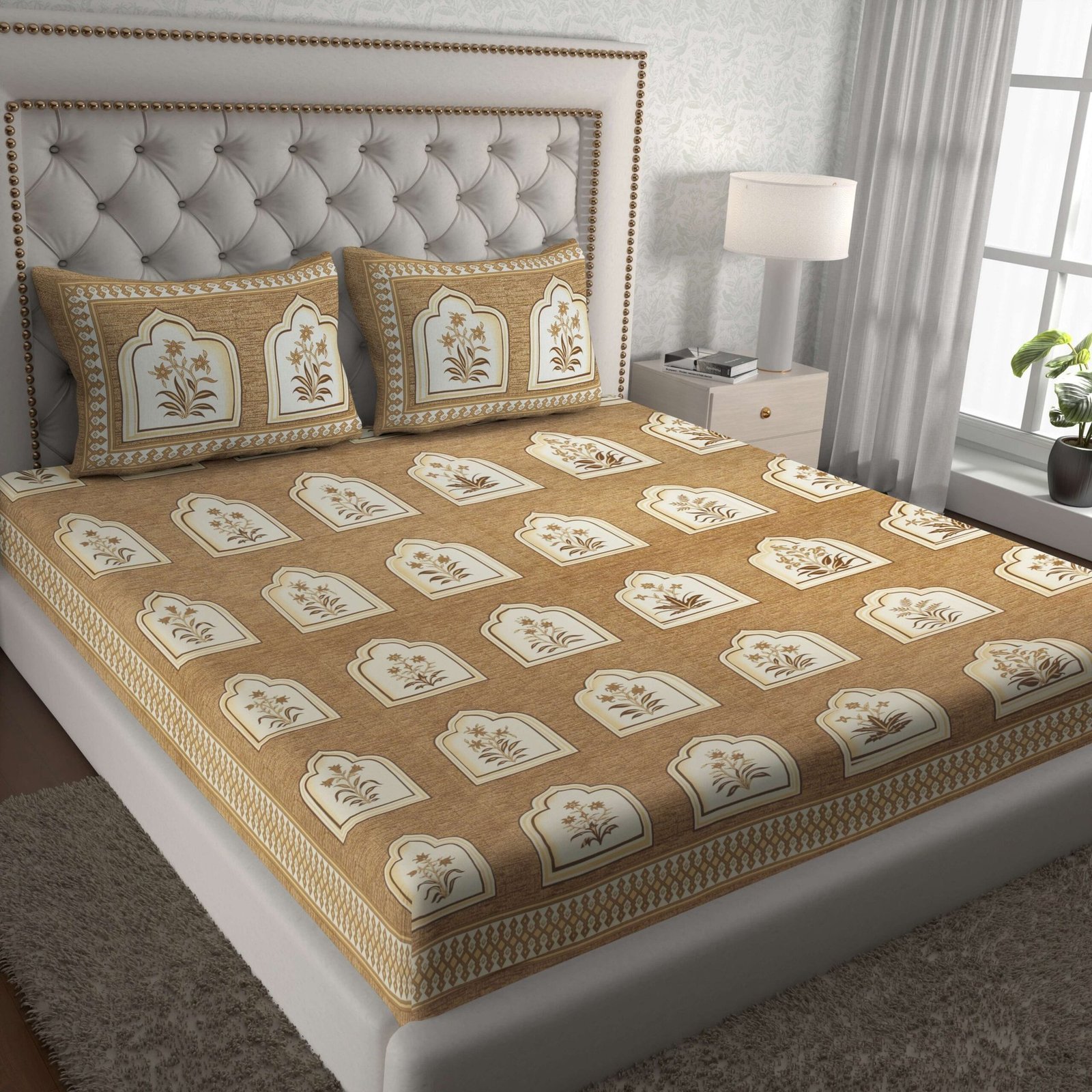 Beige Jaipuri-Style Floral Printed Double Bedsheet With Two Matching Pillow Covers