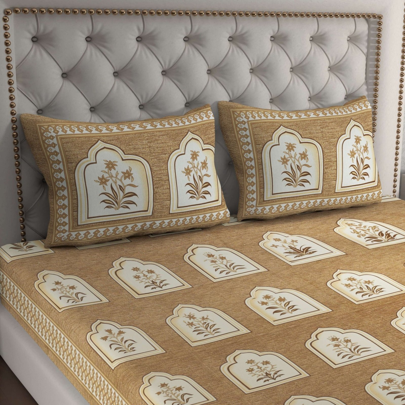 Beige Jaipuri-Style Floral Printed Double Bedsheet With Two Matching Pillow Covers