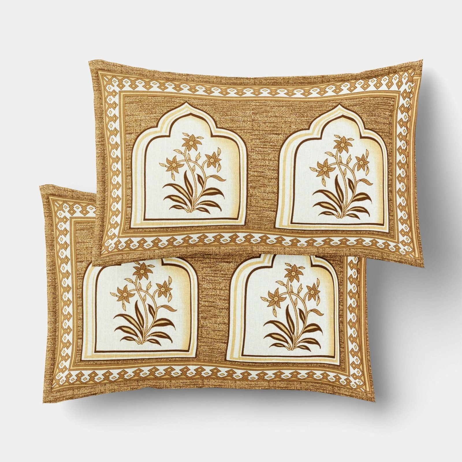 Beige Jaipuri-Style Floral Printed Double Bedsheet With Two Matching Pillow Covers