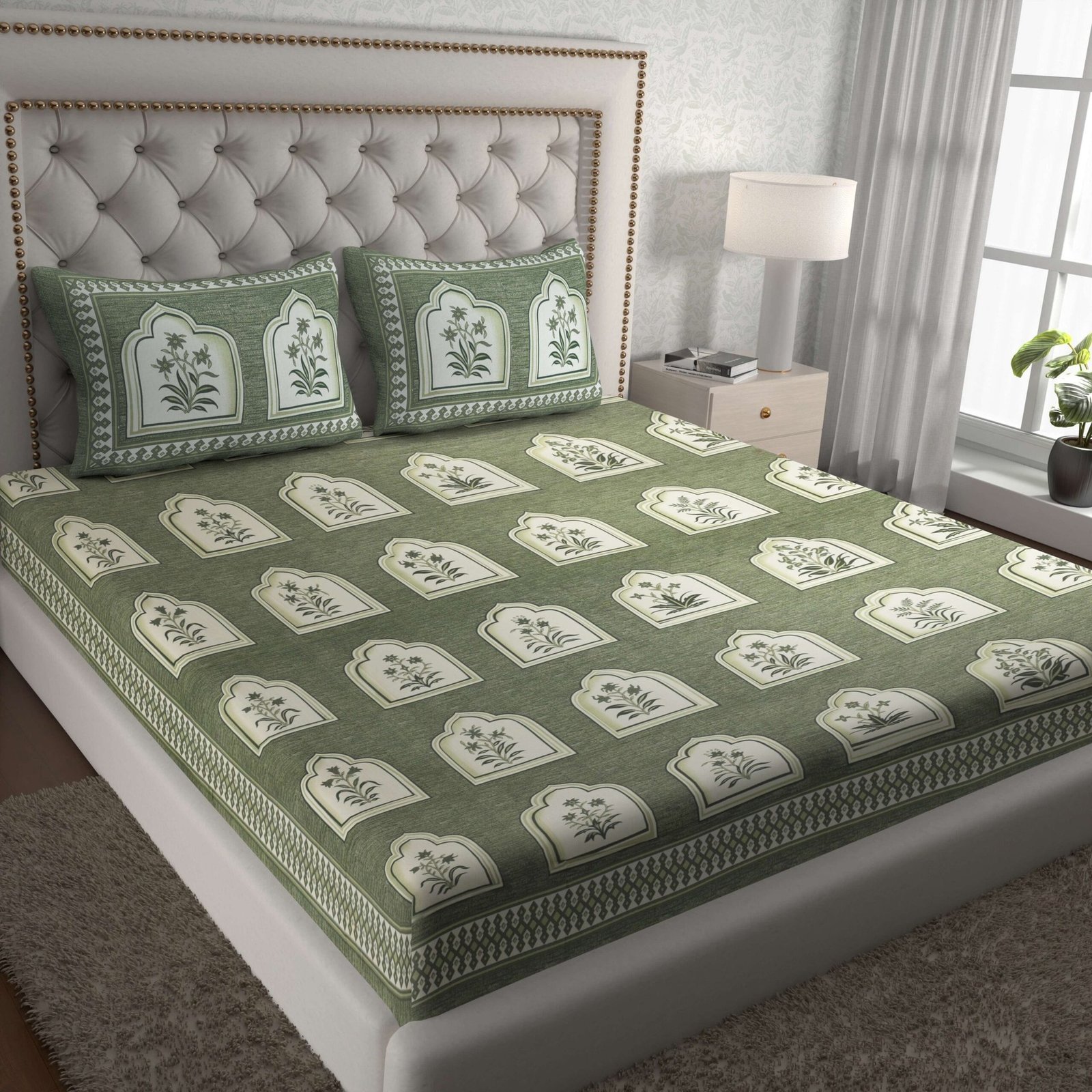 Greenish Jaipuri-Style Floral Printed Double Bedsheet With Two Matching Pillow Covers