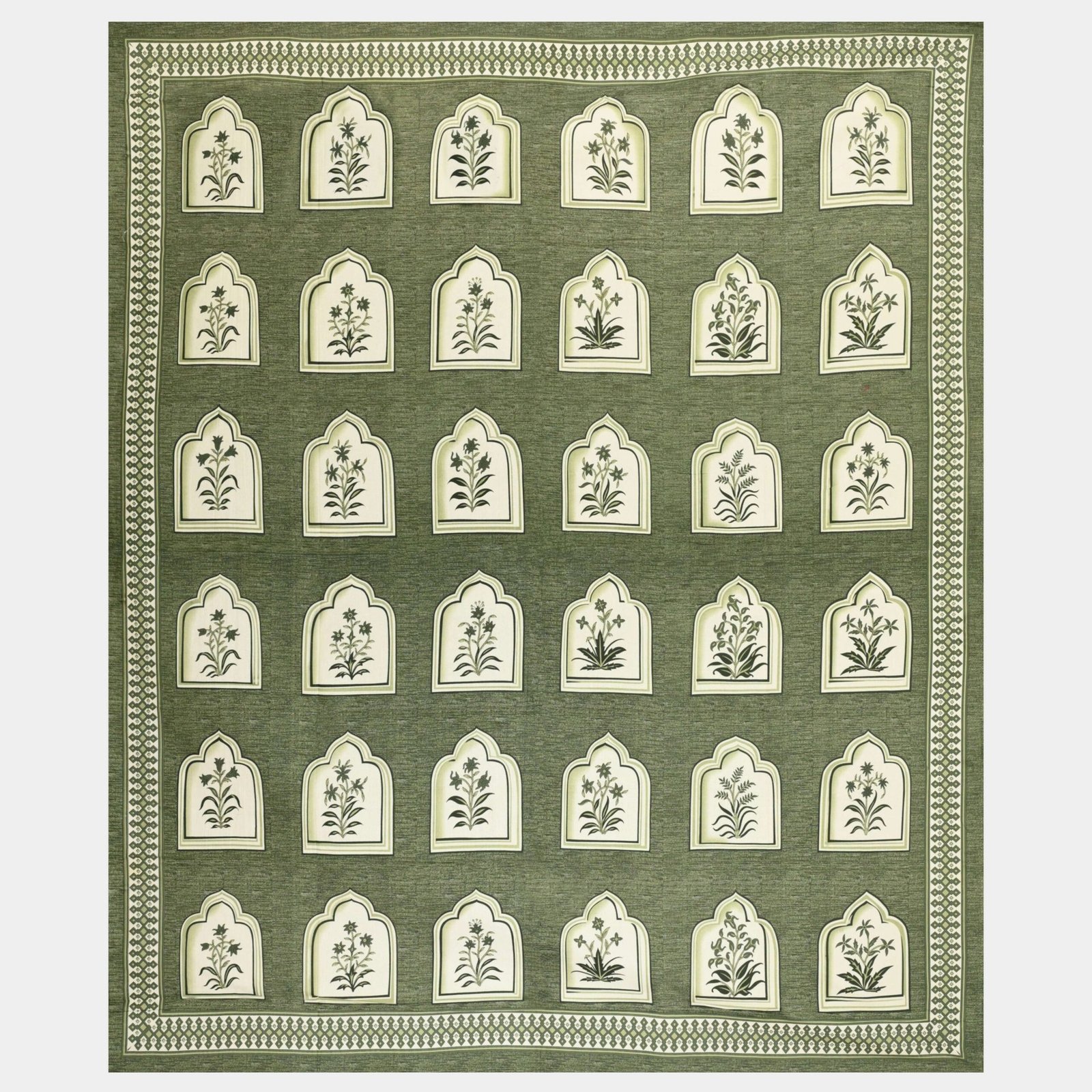 Greenish Jaipuri-Style Floral Printed Double Bedsheet With Two Matching Pillow Covers