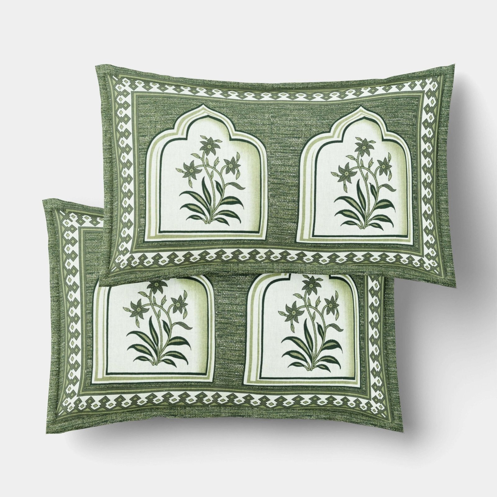 Greenish Jaipuri-Style Floral Printed Double Bedsheet With Two Matching Pillow Covers