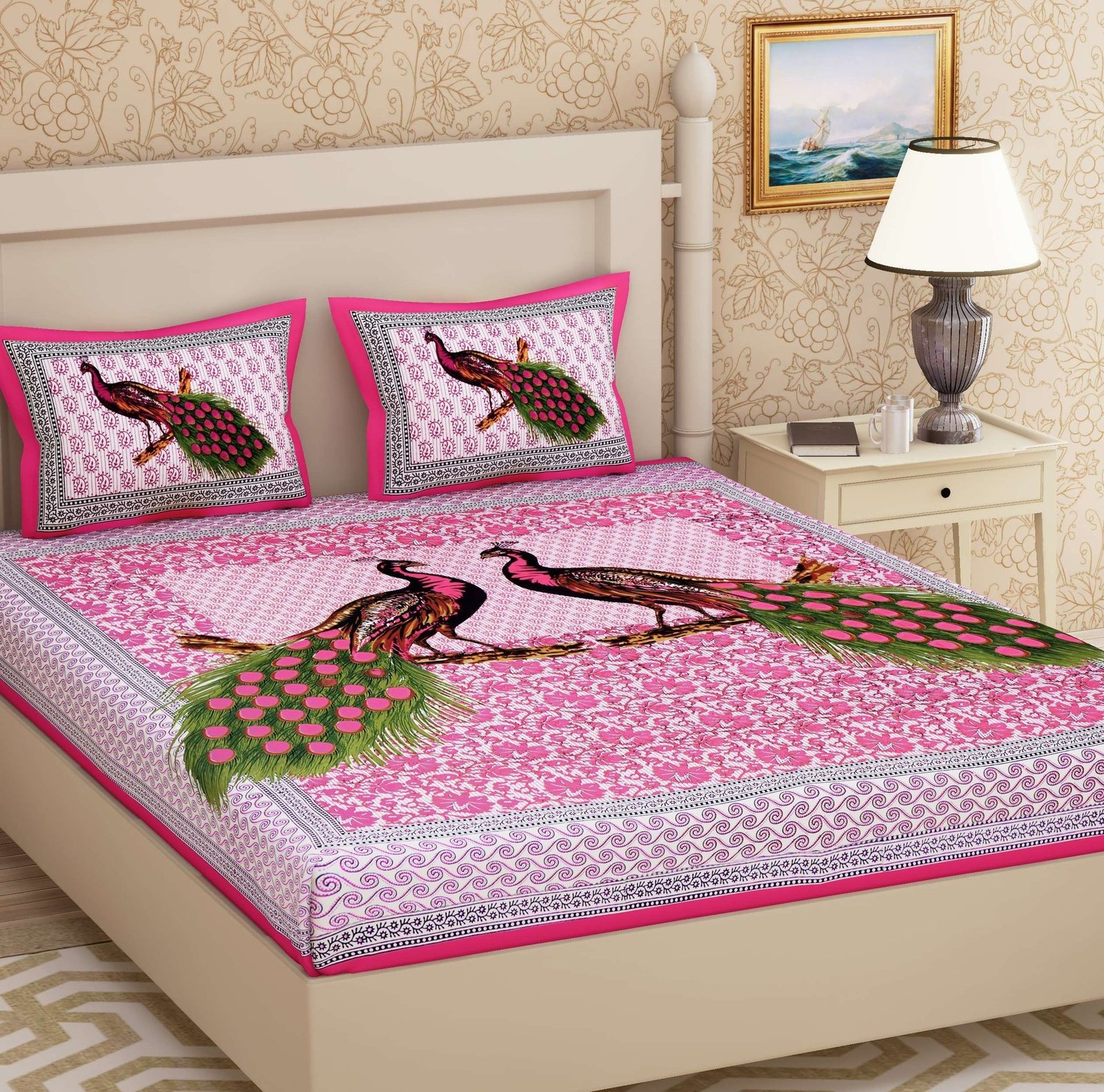 Jaipuri Cotton Printed Double Bedsheet With Two Pillow Covers
