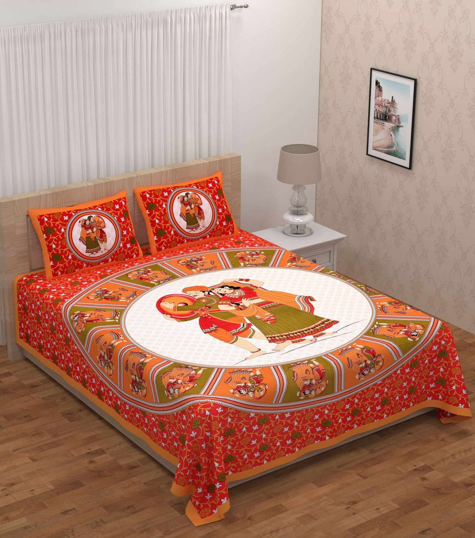 Jaipuri Cotton Printed Double Bedsheet With Two Pillow Covers