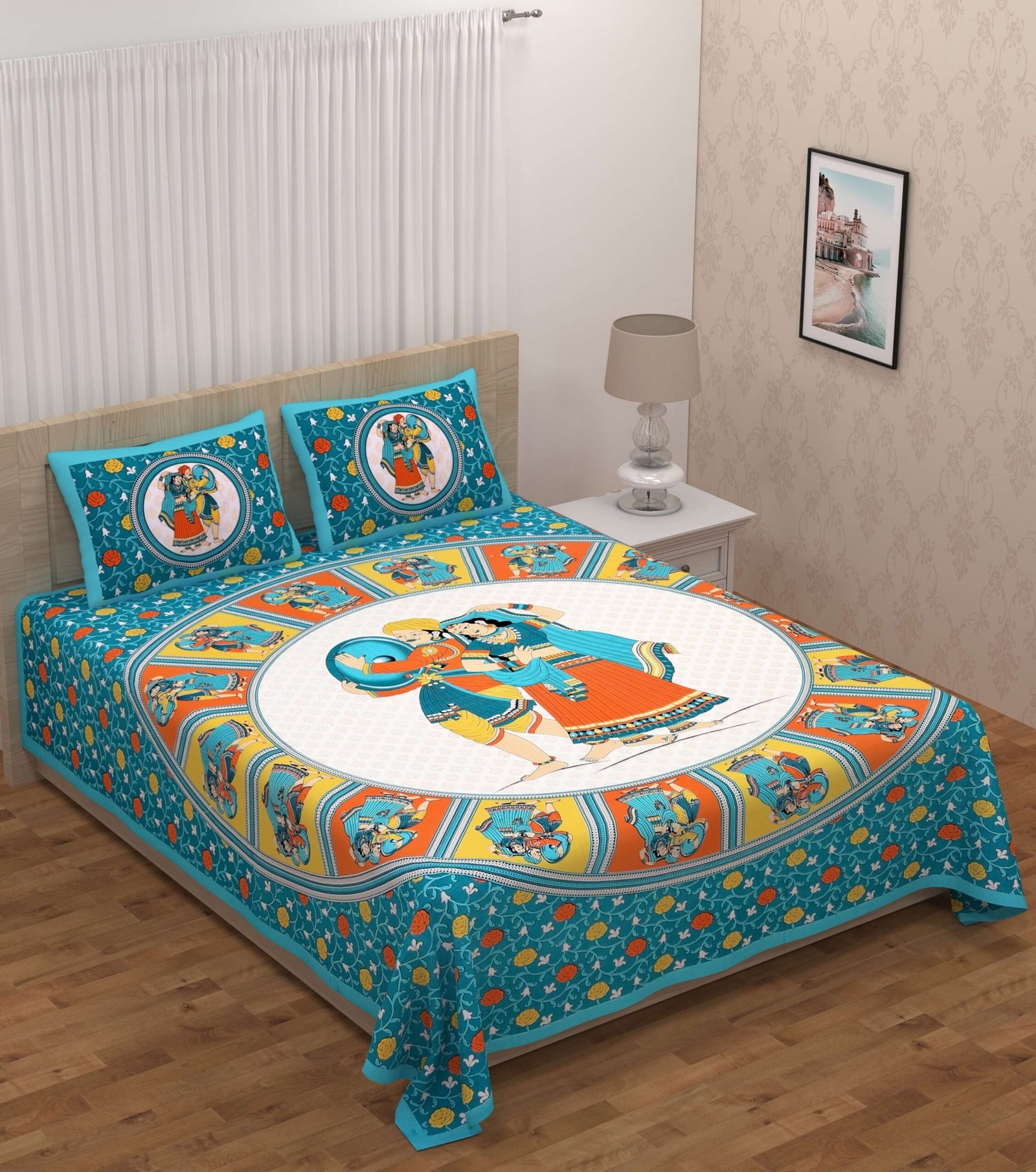 Jaipuri Cotton Printed Double Bedsheet With Two Pillow Covers