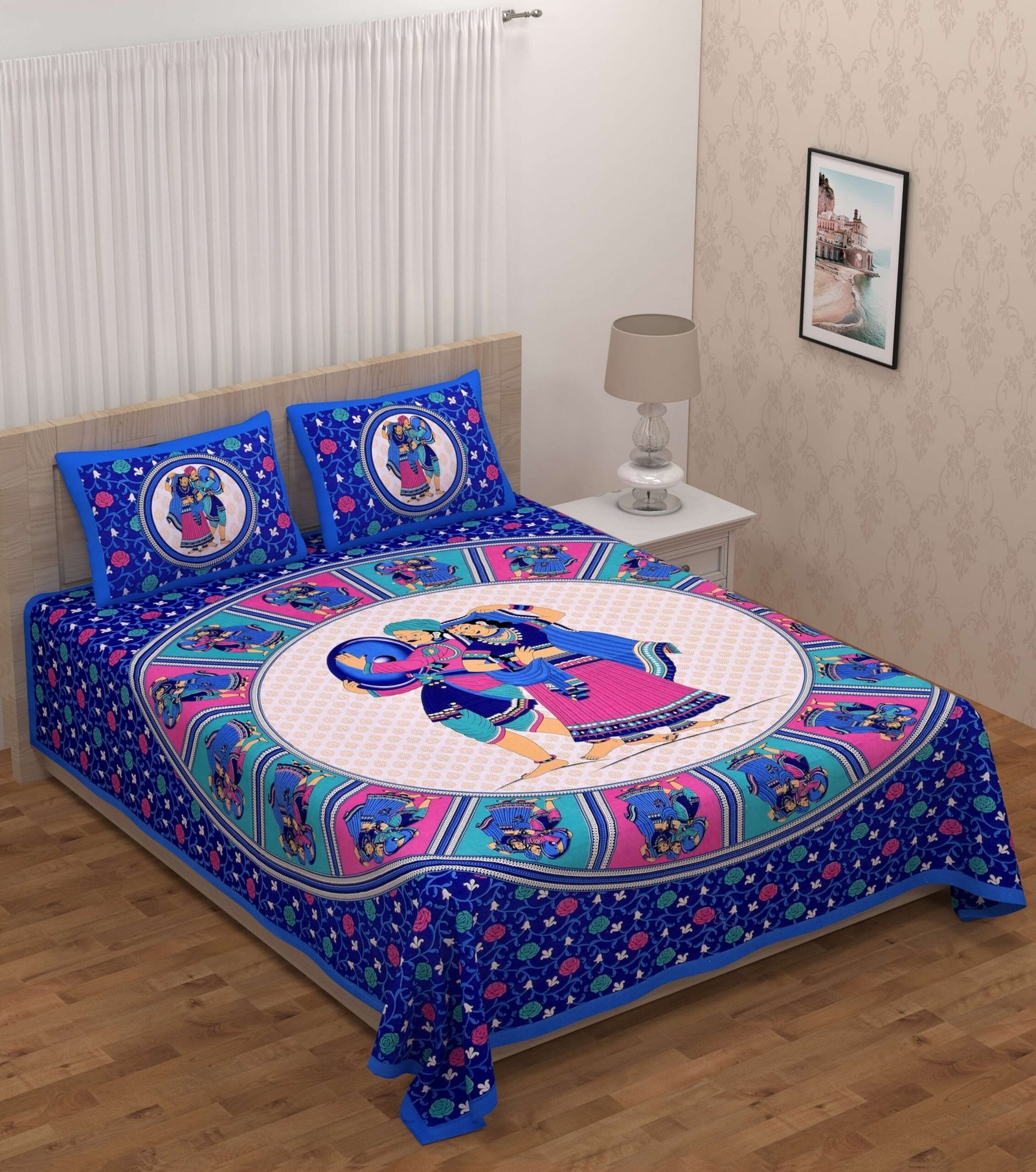 Jaipuri Cotton Printed Double Bedsheet With Two Pillow Covers