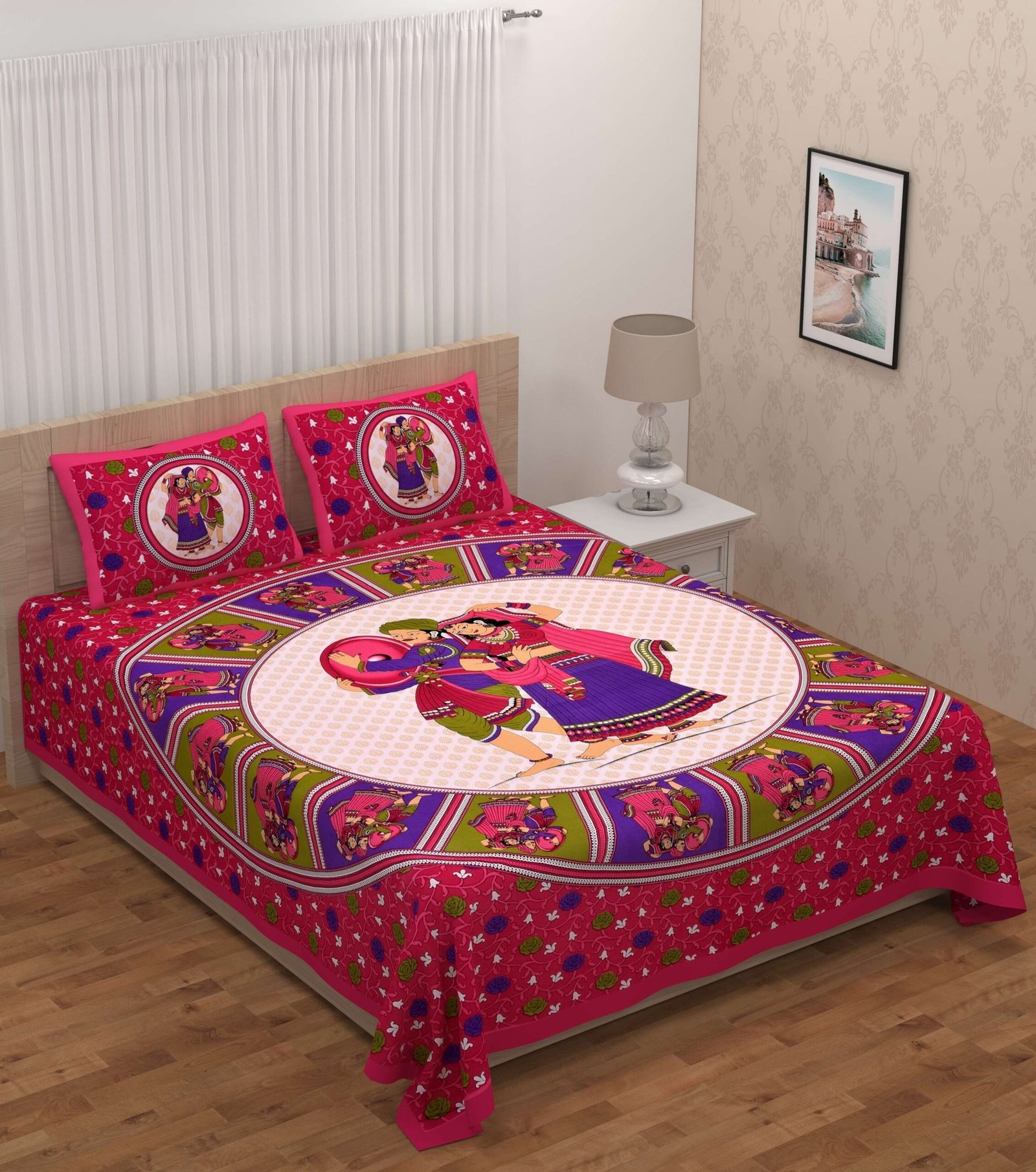 Jaipuri Cotton Printed Double Bedsheet With Two Pillow Covers
