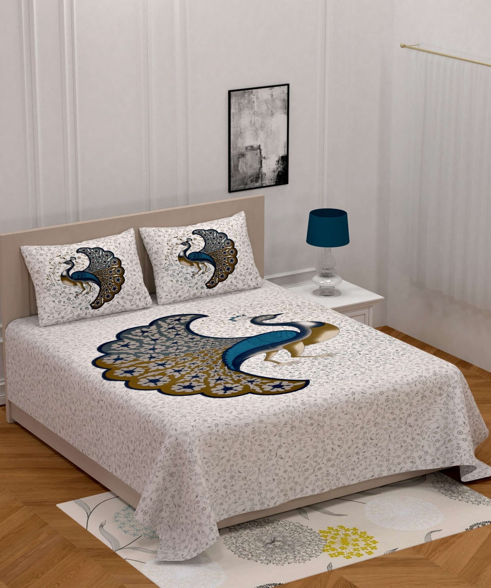 Jaipuri stylish printed cotton double bedAnd Two Pillow Covers Featuring a Peacock Design.
