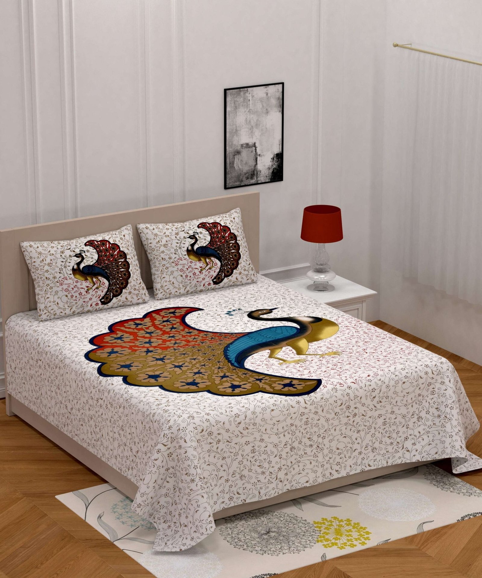 Jaipuri stylish printed cotton double bedAnd Two Pillow Covers Featuring a Peacock Design.