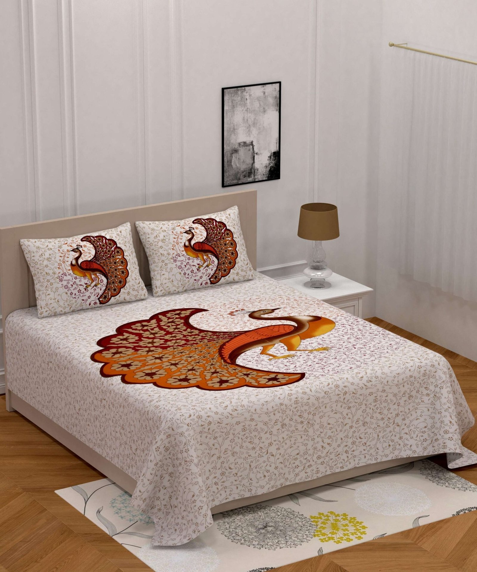 Jaipuri stylish printed cotton double bedAnd Two Pillow Covers Featuring a Peacock Design.