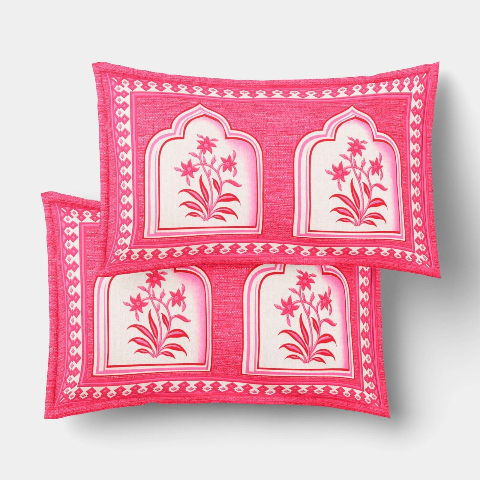 Pink Jaipuri-Style Floral Printed Double Bedsheet With Two Matching Pillow Covers