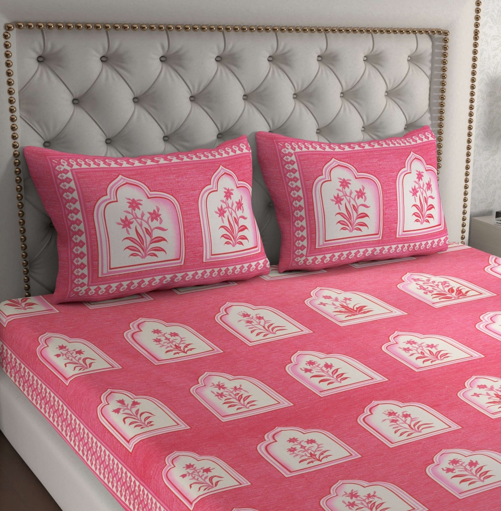 Pink Jaipuri-Style Floral Printed Double Bedsheet With Two Matching Pillow Covers