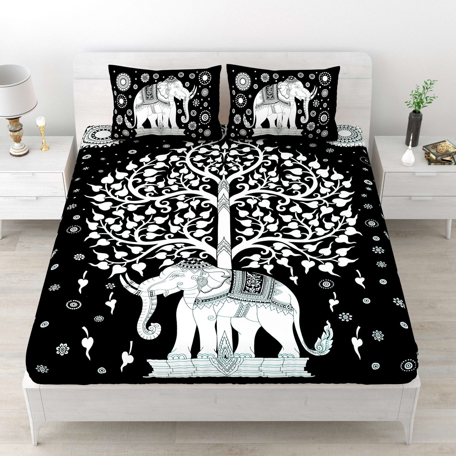 Rajasthani Elephant Printed Cotton Double Bedsheet With Two Pillow Covers