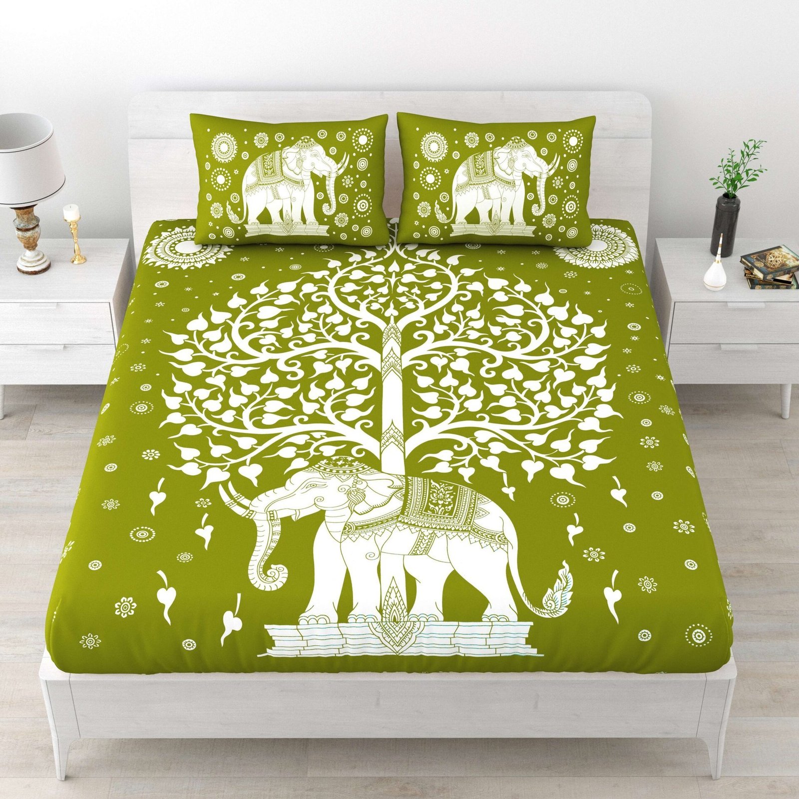 Rajasthani Elephant Printed Cotton Double Bedsheet With Two Pillow Covers