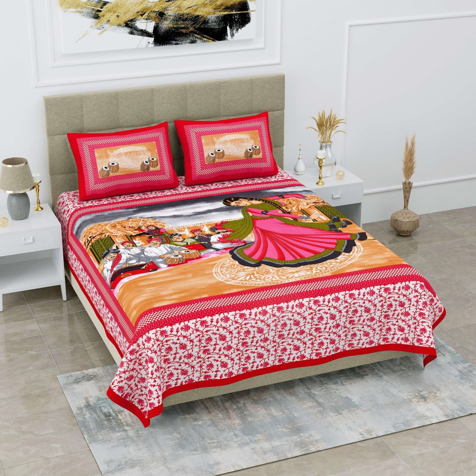 Rajasthani Jaipuri-Stylish Cotton Queen Size Printed Bedsheet with two pillow covers.