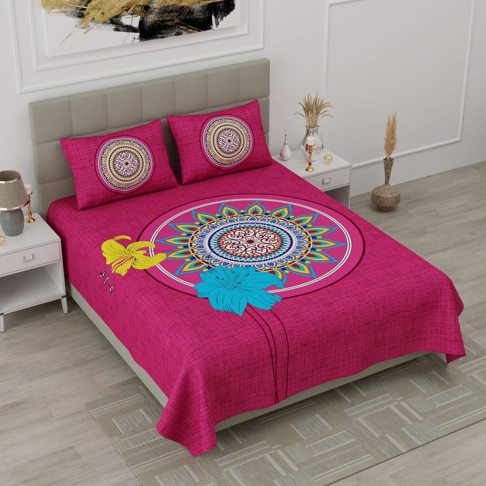 Rajasthani Jaipuri-Stylish Floral Print Double Bedsheet With Two Matching Pillow Covers.