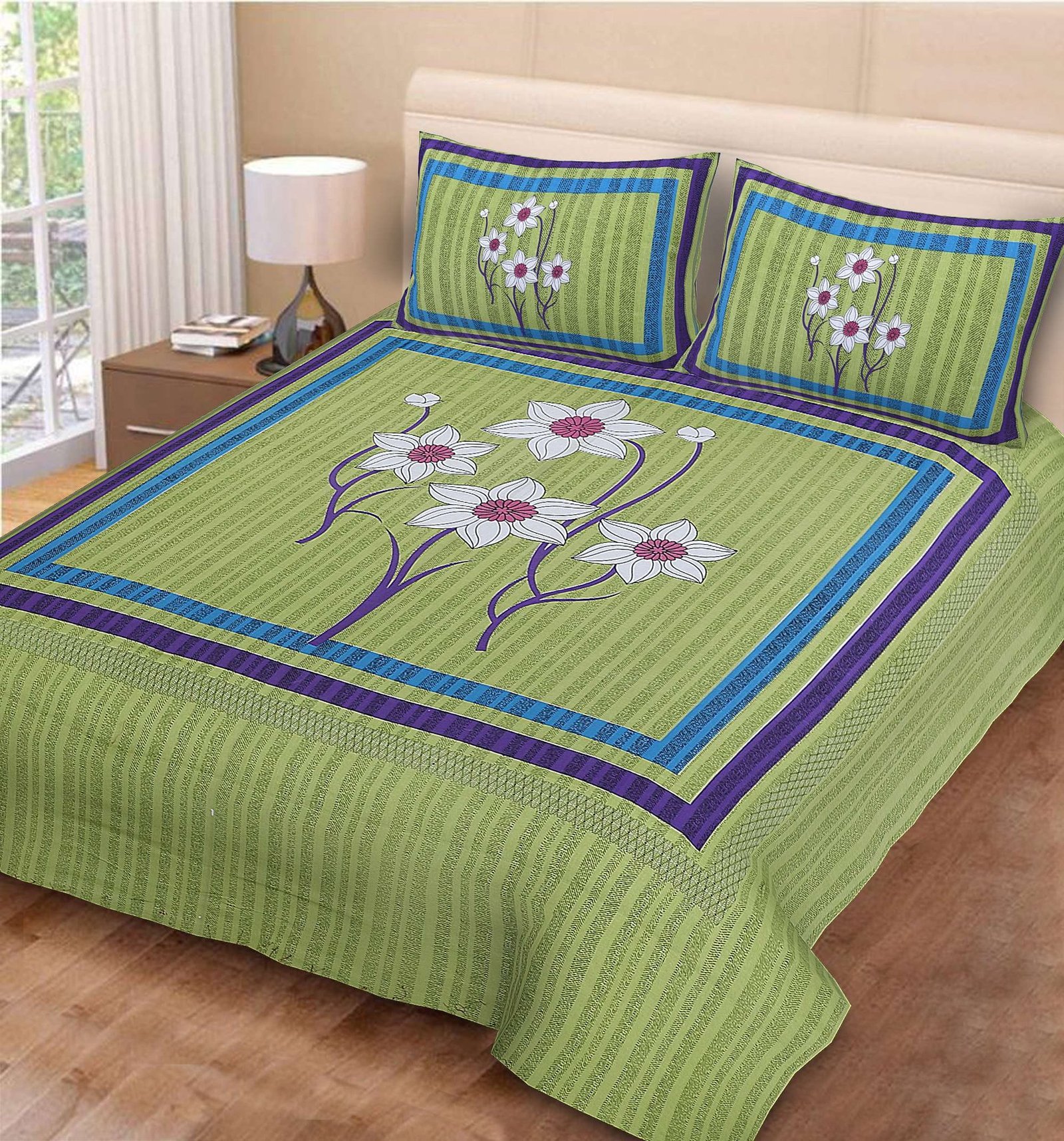 Rajasthani Jaipuri-Stylish Floral Print Double Bedsheet With Two Matching Pillow Covers.