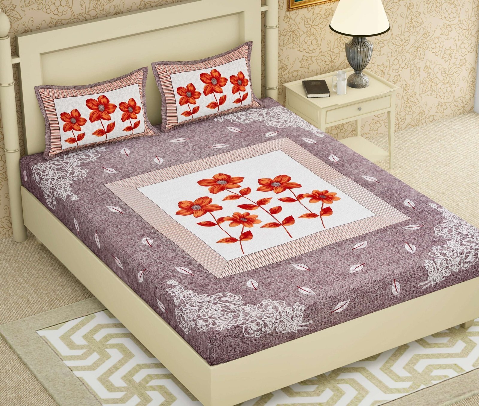 Rajasthani Jaipuri-Stylish Floral Printed Cotton Double Bedsheet With Two Matching Pillow Covers.