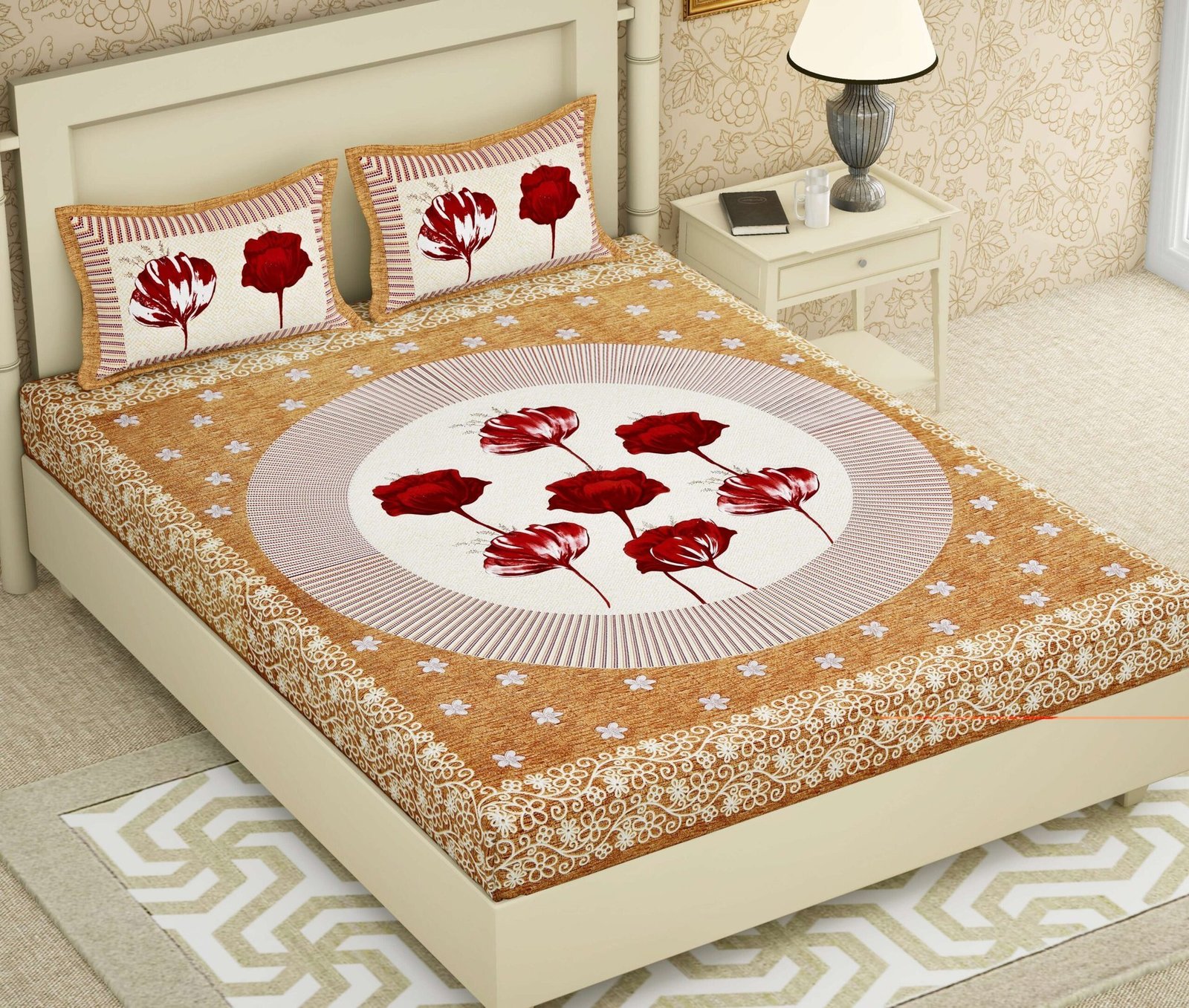 Rajasthani Jaipuri-Stylish Floral Printed Cotton Double Bedsheet With Two Matching Pillow Covers.