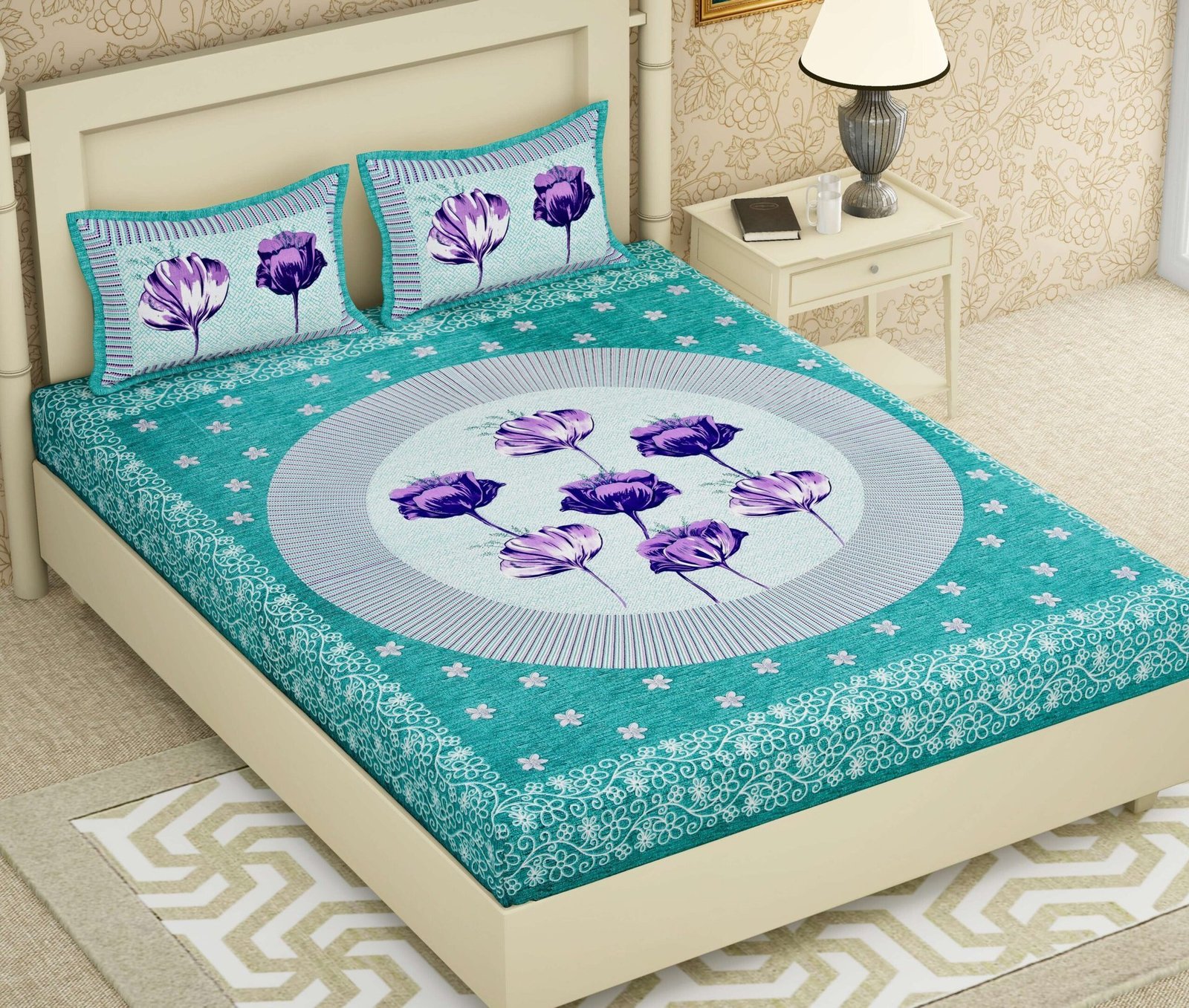 Rajasthani Jaipuri-Stylish Floral Printed Cotton Double Bedsheet With Two Matching Pillow Covers.