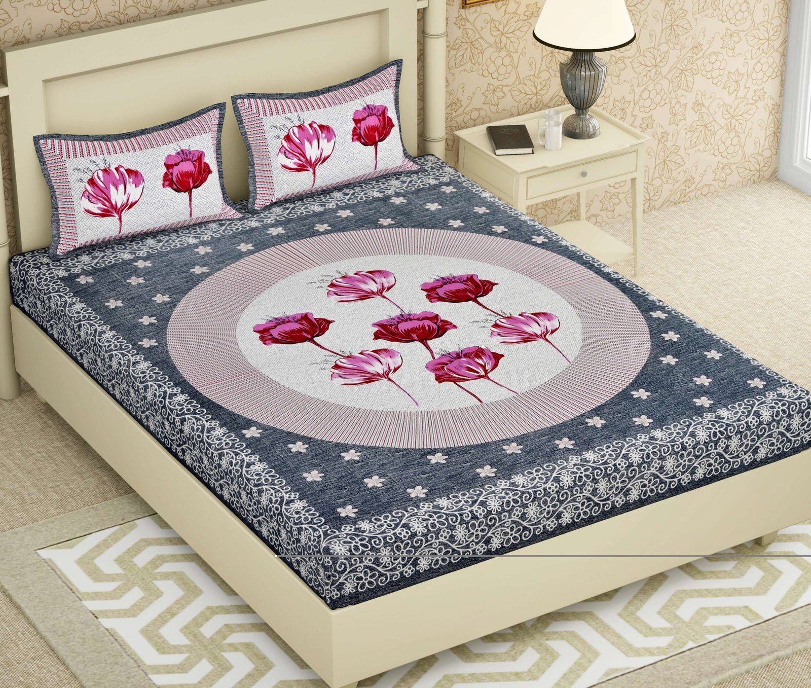 Rajasthani Jaipuri-Stylish Floral Printed Cotton Double Bedsheet With Two Matching Pillow Covers.