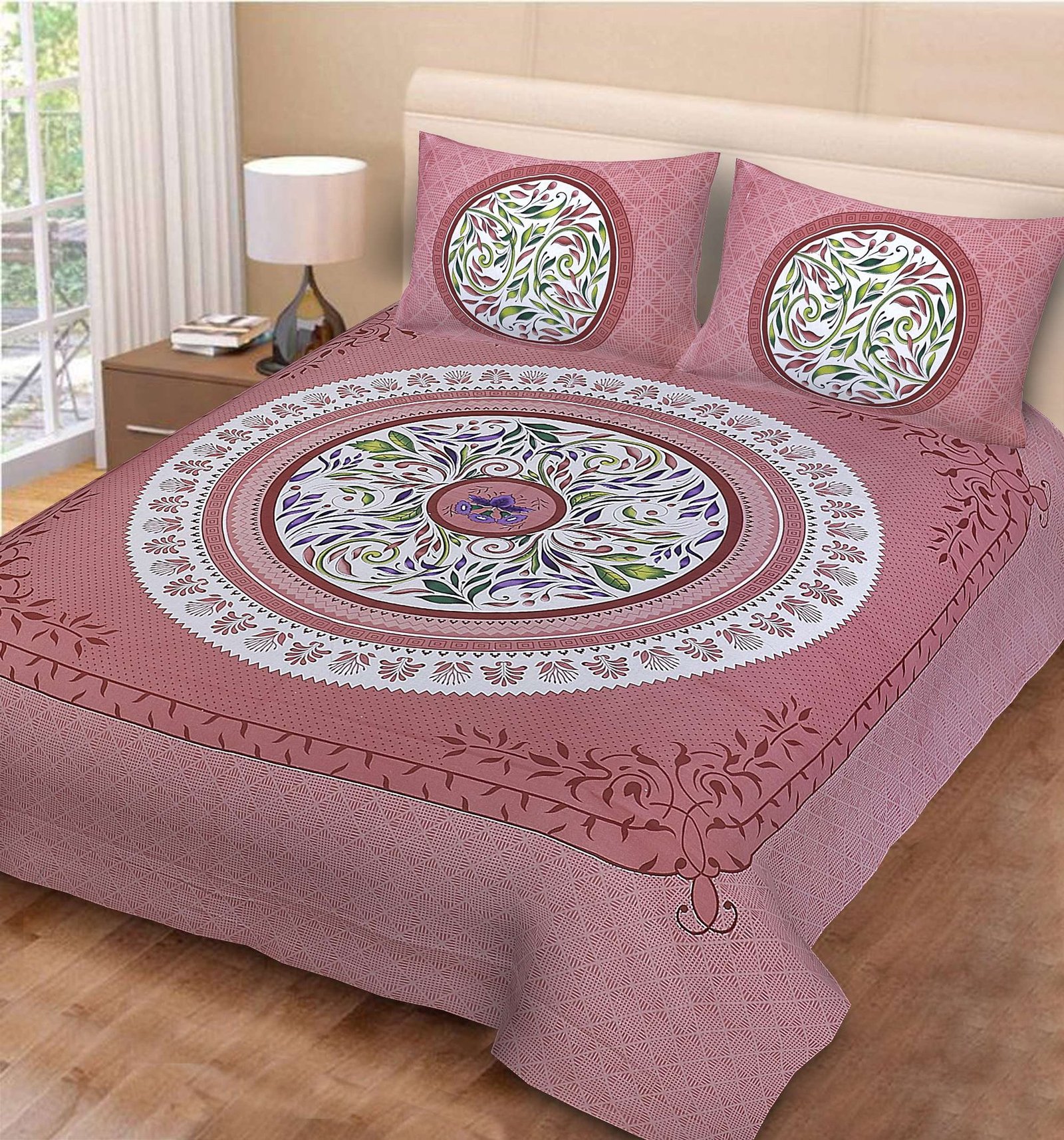 Rajasthani Jaipuri-Stylish Floral Printed Cotton Double Bedsheet With Two Matching Pillow Covers.