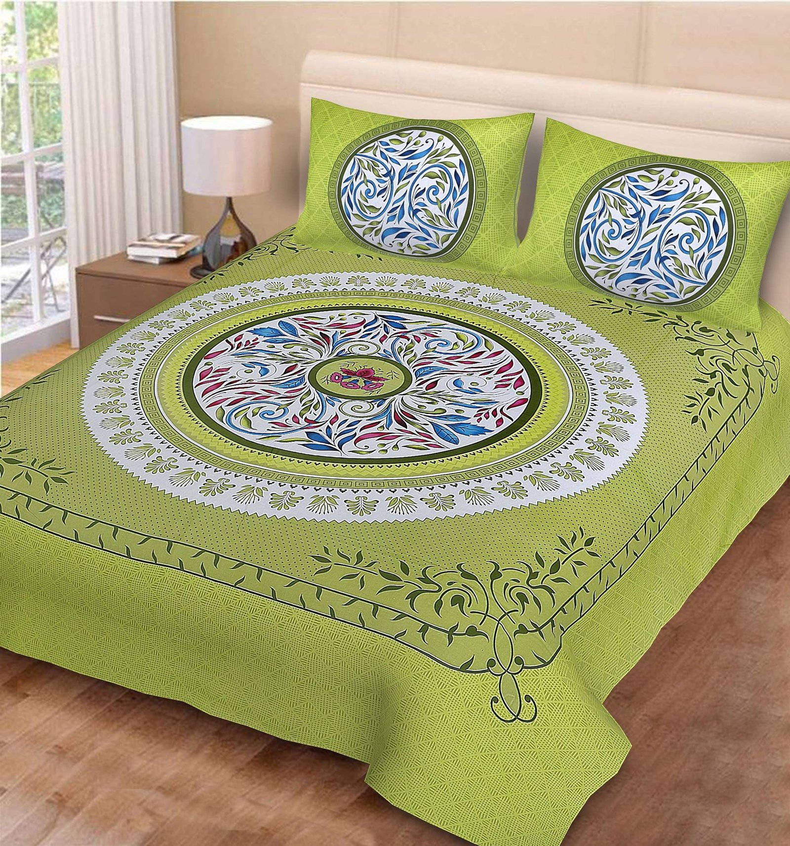Rajasthani Jaipuri-Stylish Floral Printed Cotton Double Bedsheet With Two Matching Pillow Covers.
