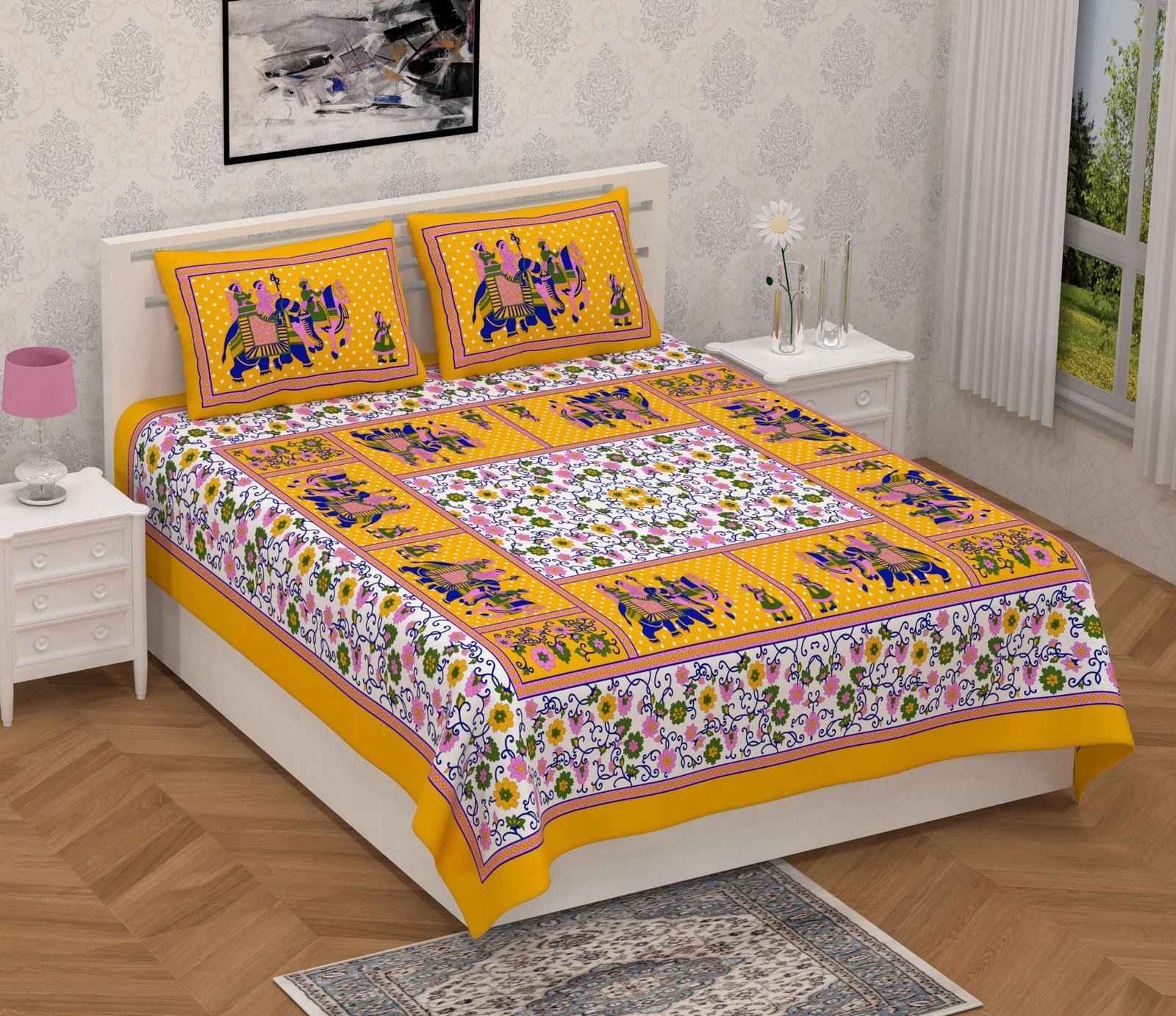 Rajasthani Jaipuri-Stylish Floral Printed Cotton Double Bedsheet With Two Matching Pillow Covers.