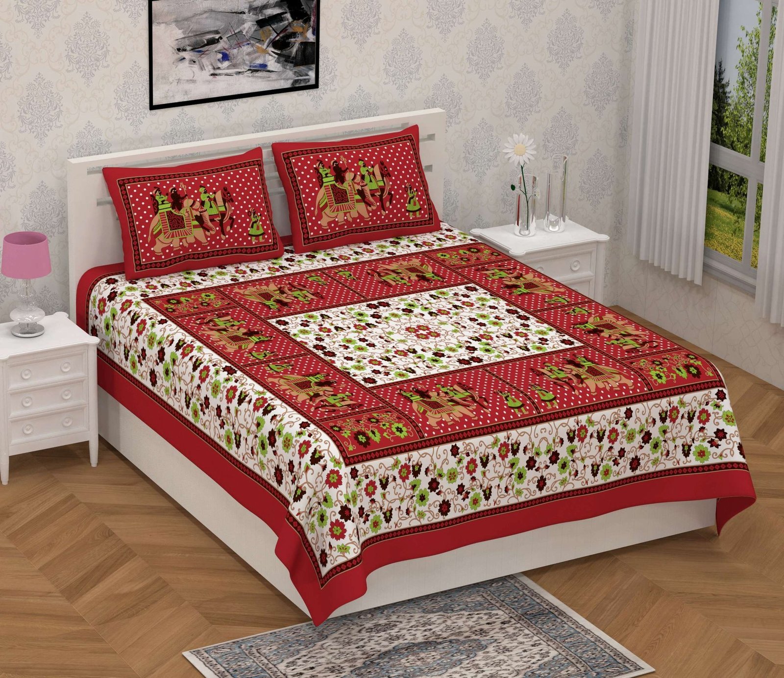 Rajasthani Jaipuri-Stylish Floral Printed Cotton Double Bedsheet With Two Matching Pillow Covers.