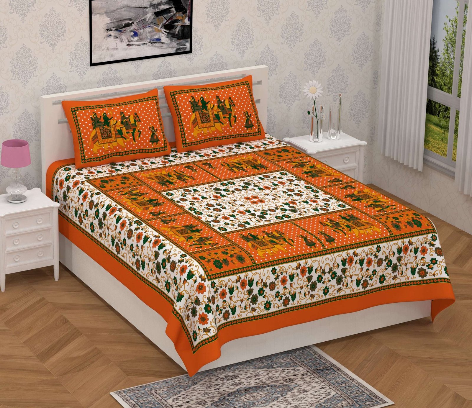 Rajasthani Jaipuri-Stylish Floral Printed Cotton Double Bedsheet With Two Matching Pillow Covers.