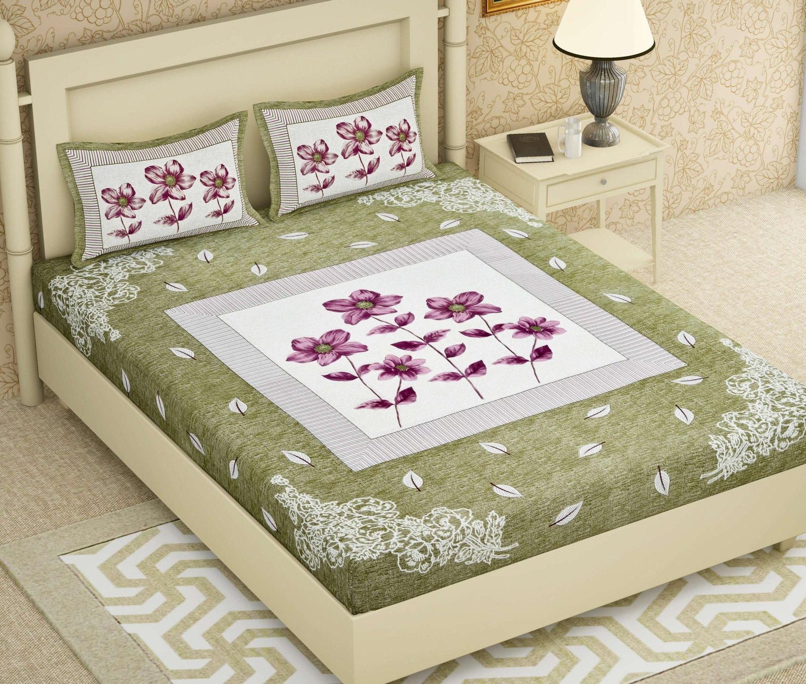 Rajasthani Jaipuri-Stylish Floral Printed Cotton Double Bedsheet With Two Matching Pillow Covers.